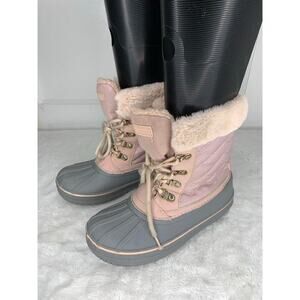 London Fog Girls Size 4 Insulated Winter Duck Boots Pink & Gray Faux Fur Lining